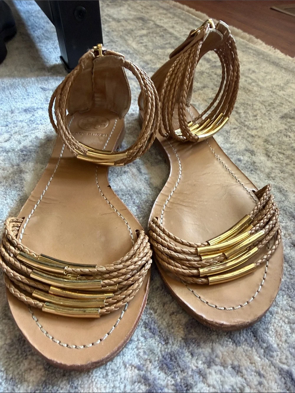 Tory Burch Women’s Braided Ankle-Wrap Sandals with Gold Accents - Tan